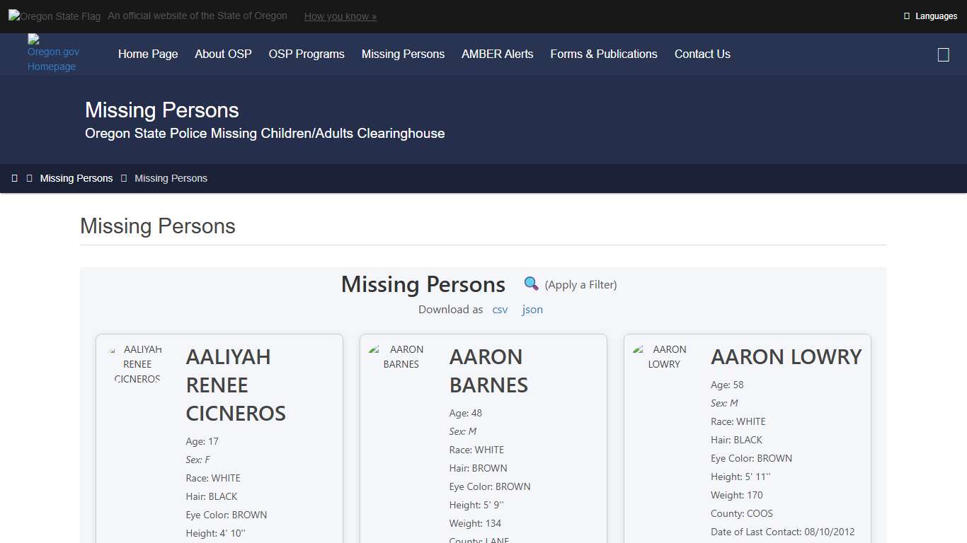Oregon State Police : Missing Persons : Missing Persons : State of Oregon
