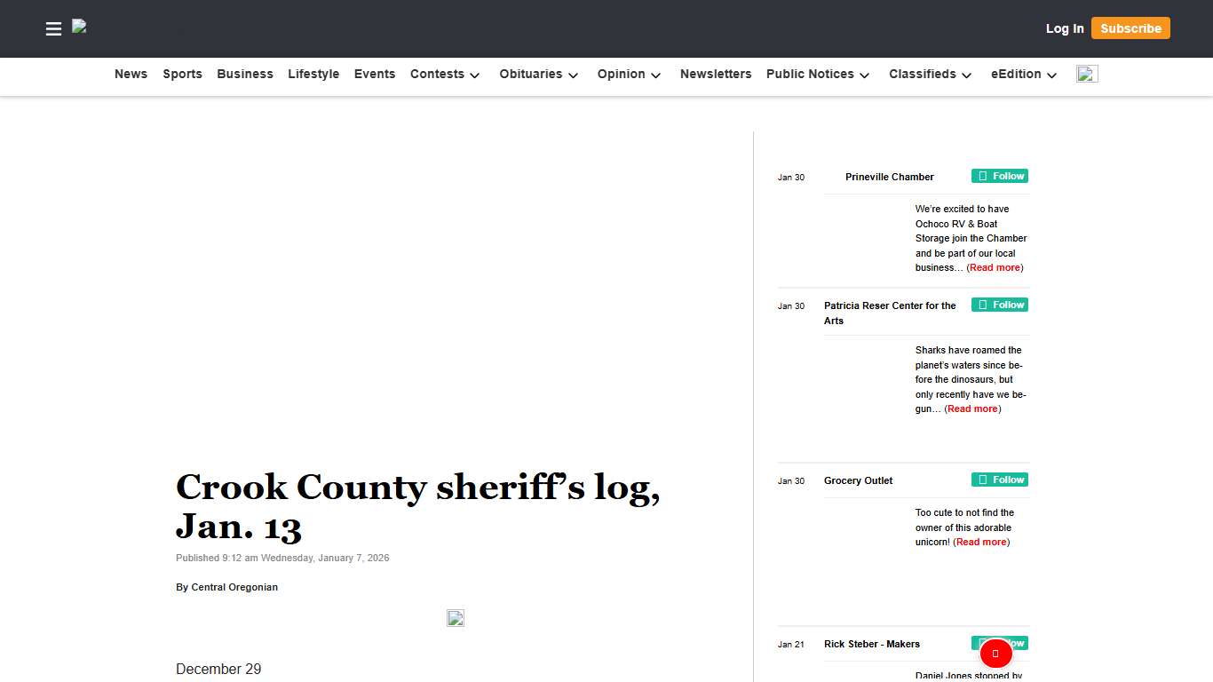 Crook County sheriff’s log, Jan. 13 Central Oregonian